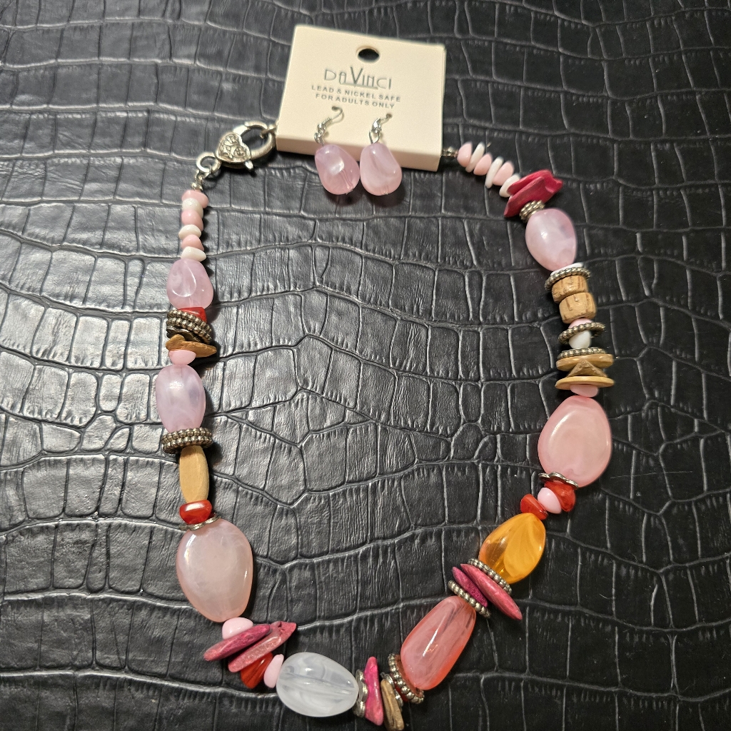 Davinci Pink And Orange Glass Beaded Necklace And Earring Set 20$